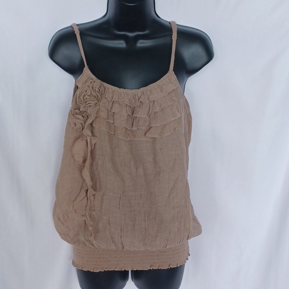 “MINE “Boho woman’s sleeveless Tan top, Flowers, Ruffles, Elastic